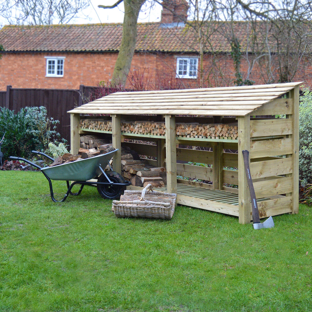 Empingham Log Store – 11ft Wide Heavy Duty Timber Firewood Storage with Kindling Shelf