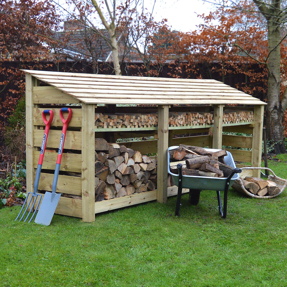 Empingham Log Store – 11ft Wide Heavy Duty Timber Firewood Storage with Kindling Shelf