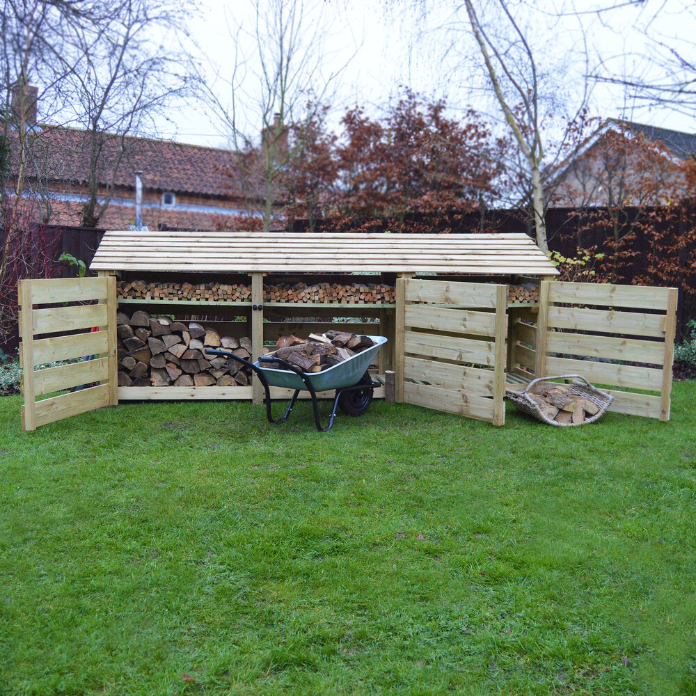 Empingham Log Store – 11ft Wide Heavy Duty Timber Firewood Storage with Kindling Shelf