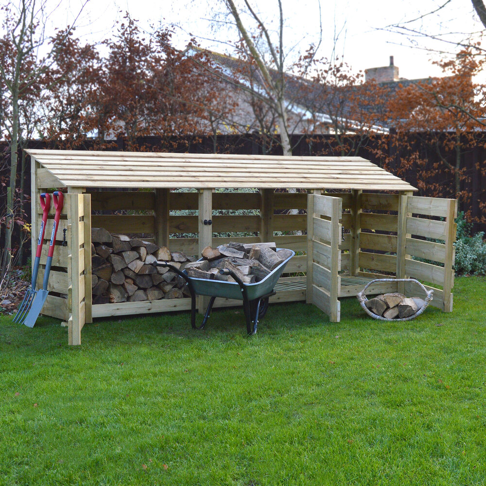 Empingham Log Store – 11ft Wide Heavy Duty Timber Firewood Storage with Kindling Shelf