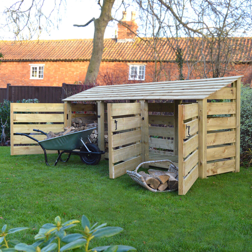 Empingham Log Store – 11ft Wide Heavy Duty Timber Firewood Storage with Kindling Shelf