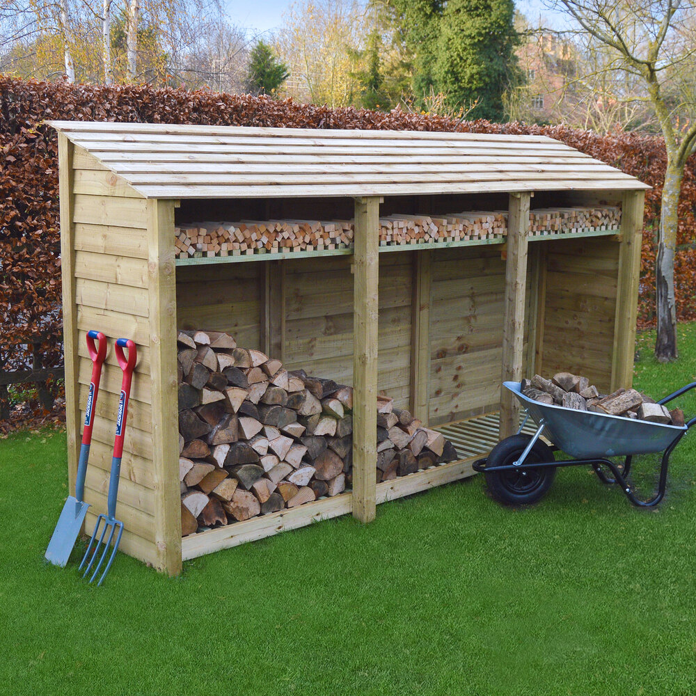Empingham Log Store – 11ft Wide Heavy Duty Timber Firewood Storage with Kindling Shelf