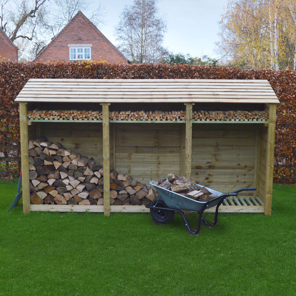 Empingham Log Store – 11ft Wide Heavy Duty Timber Firewood Storage with Kindling Shelf