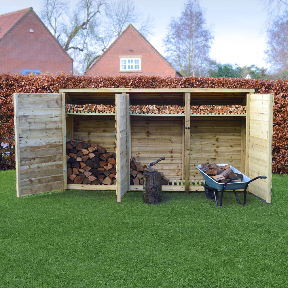 Empingham Log Store – 11ft Wide Heavy Duty Timber Firewood Storage with Kindling Shelf