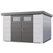 Gray and white storage shed with a door on a white background