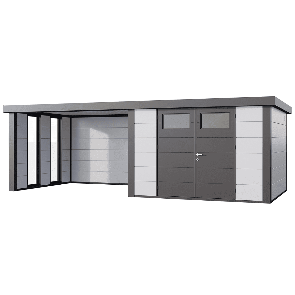 Modern storage shed with gray and white design on a white background