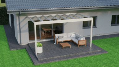 Patio with Trebbiano veranda, outdoor furniture, and house in the background
