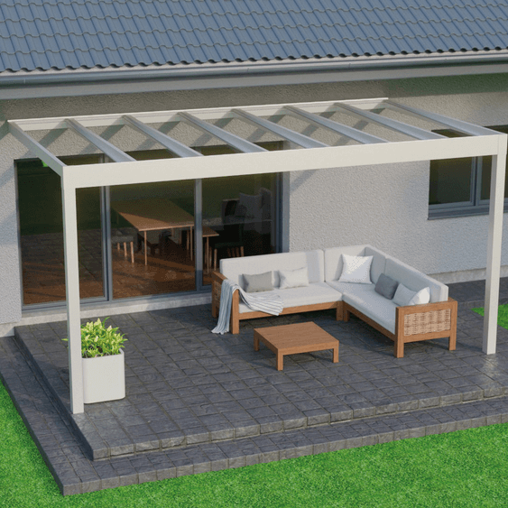 Patio with Trebbiano veranda, outdoor furniture, and house in the background