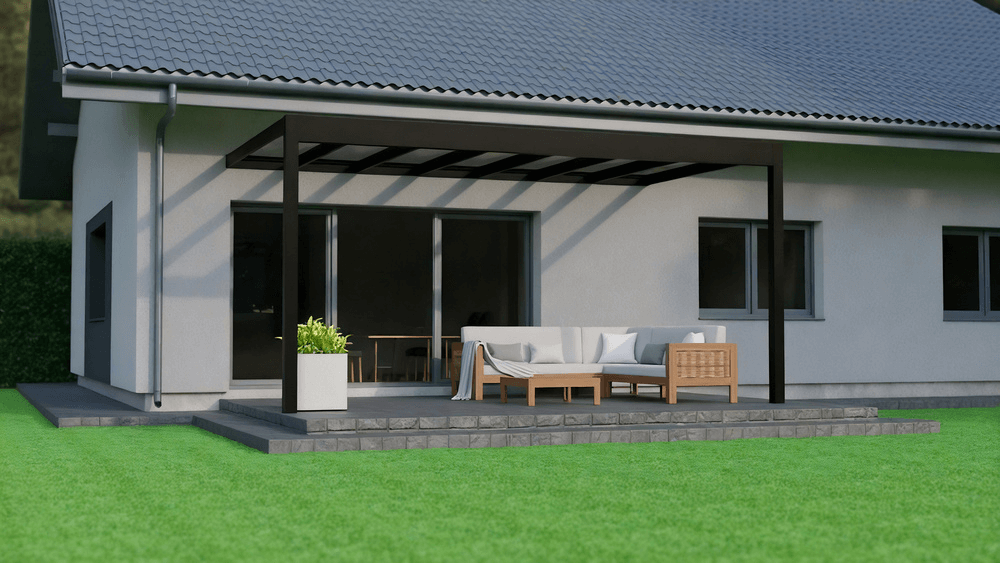 Modern house exterior with a covered patio area featuring furniture and plants.