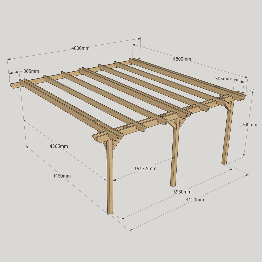 Wall Mounted Double Garden Pergola – 4.8m Depth, Double-Rail Timber Frame