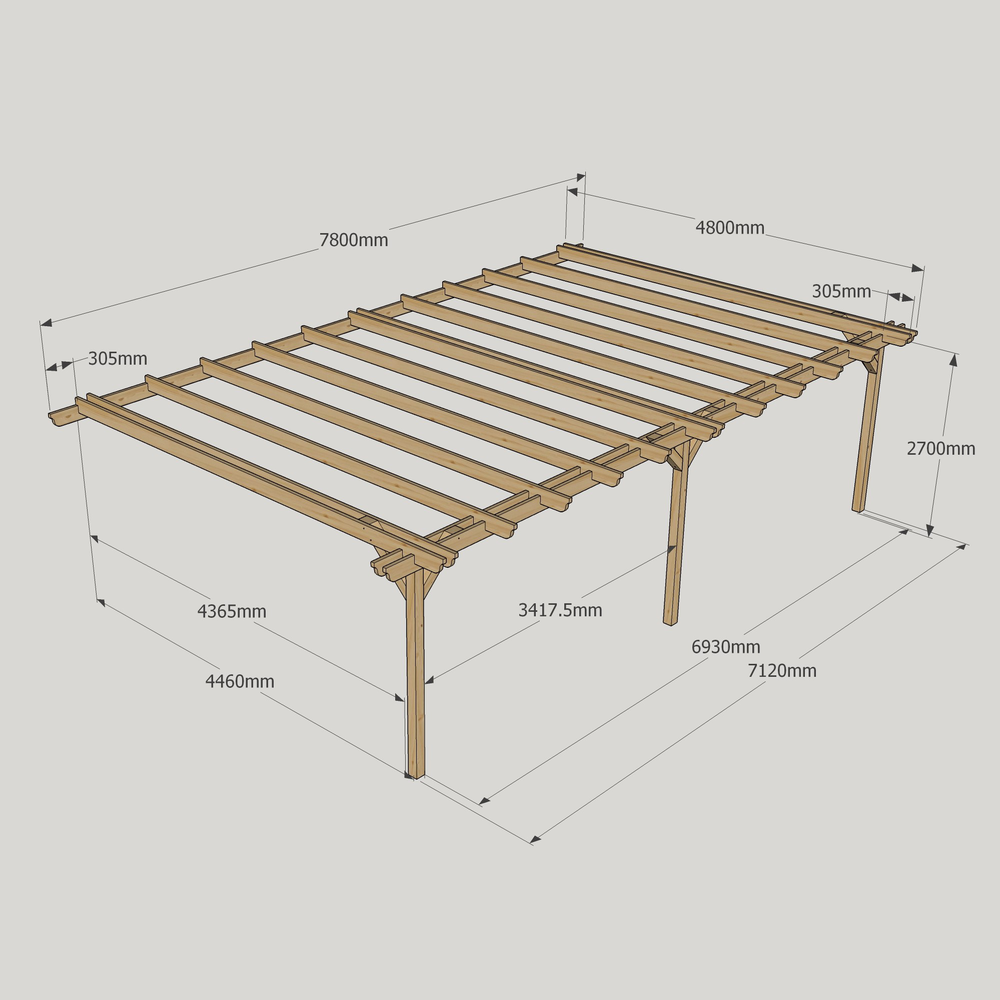 Wall Mounted Double Garden Pergola – 4.8m Depth, Double-Rail Timber Frame