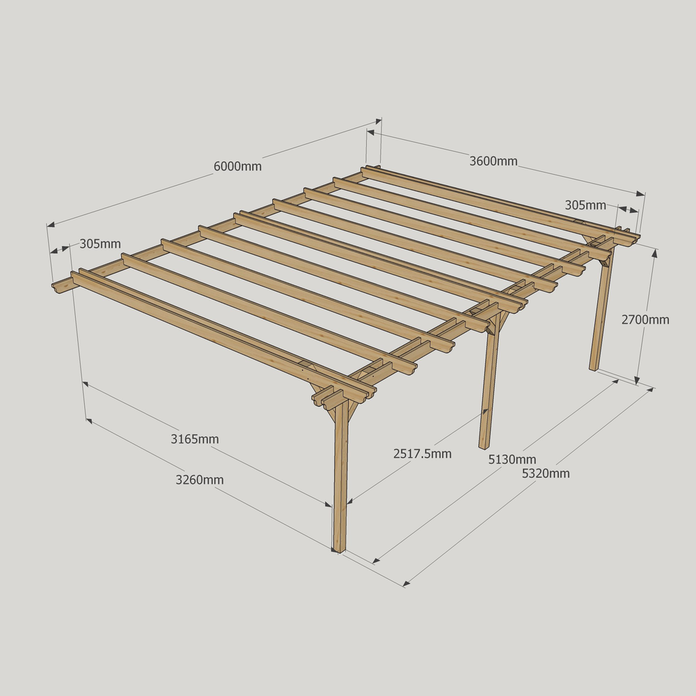 Wall Mounted Double Garden Pergola – 4.8m Depth, Double-Rail Timber Frame