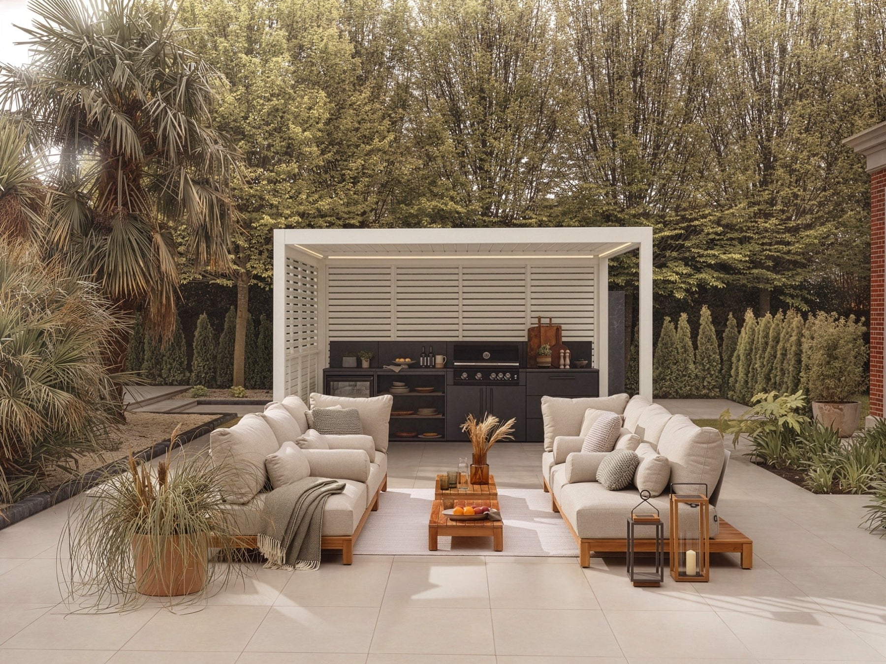 The Blenheim Modular Outdoor Kitchen under camel sand pergola
