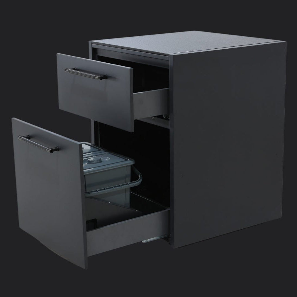 Trash drawer with double bin, open
