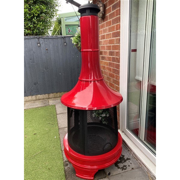 Costco red steel chiminea uncovered