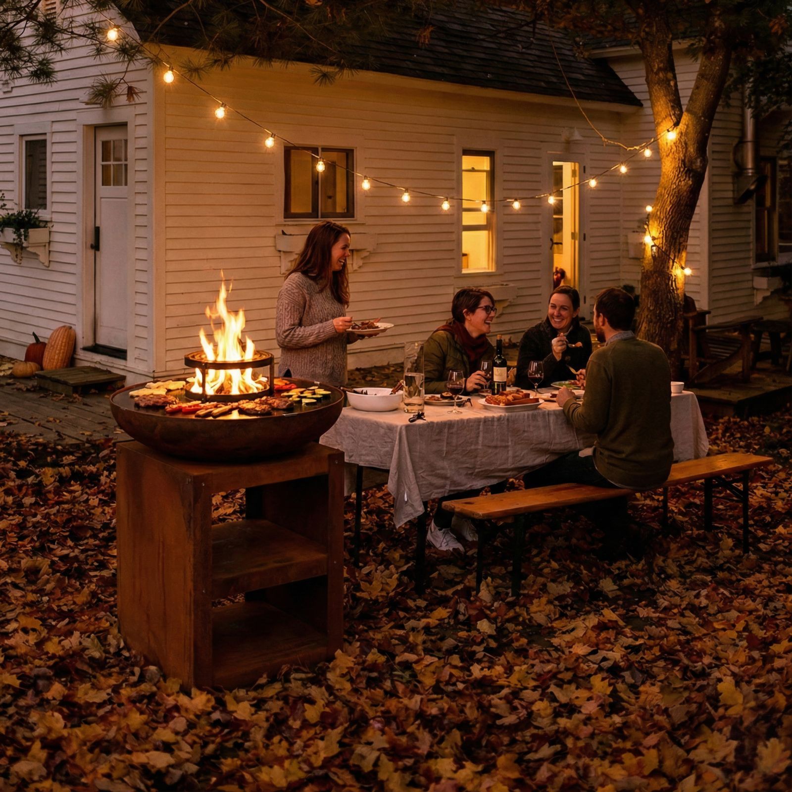 HEAT Bakka plancha grill lit at an autumn garden dinner