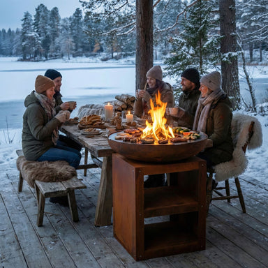 Friends eating by a HEAT Bakka plancha grill beside a snowy lake