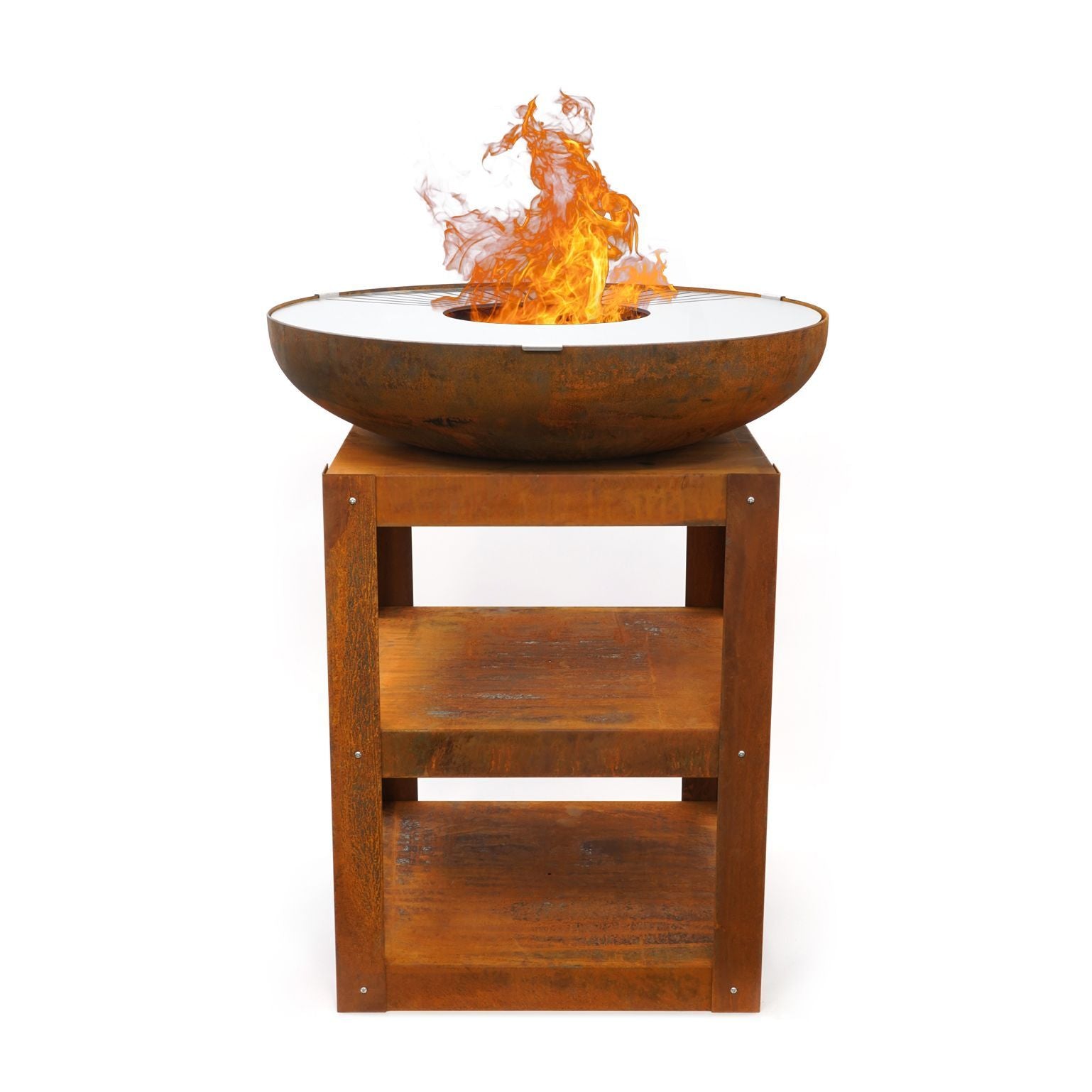 HEAT Bakka rust plancha grill with a fire and log storage shelves, on a white background