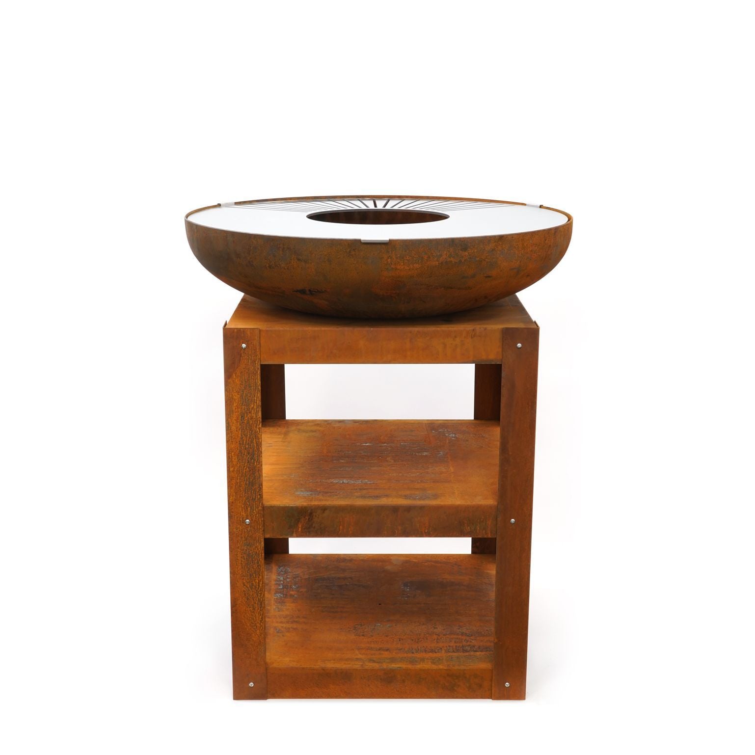 HEAT Bakka rust plancha grill on its log storage stand