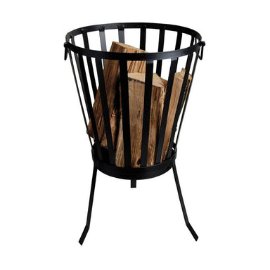 HEAT tall round steel fire basket filled with logs, on a white background