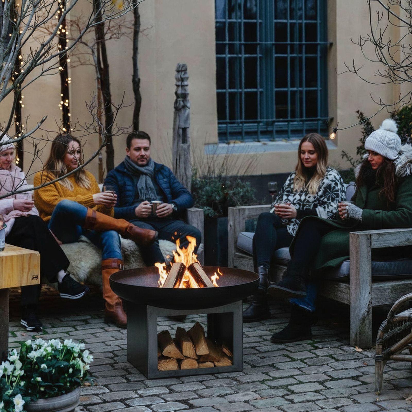 Friends round a HEAT Fresvik fire bowl on a courtyard patio