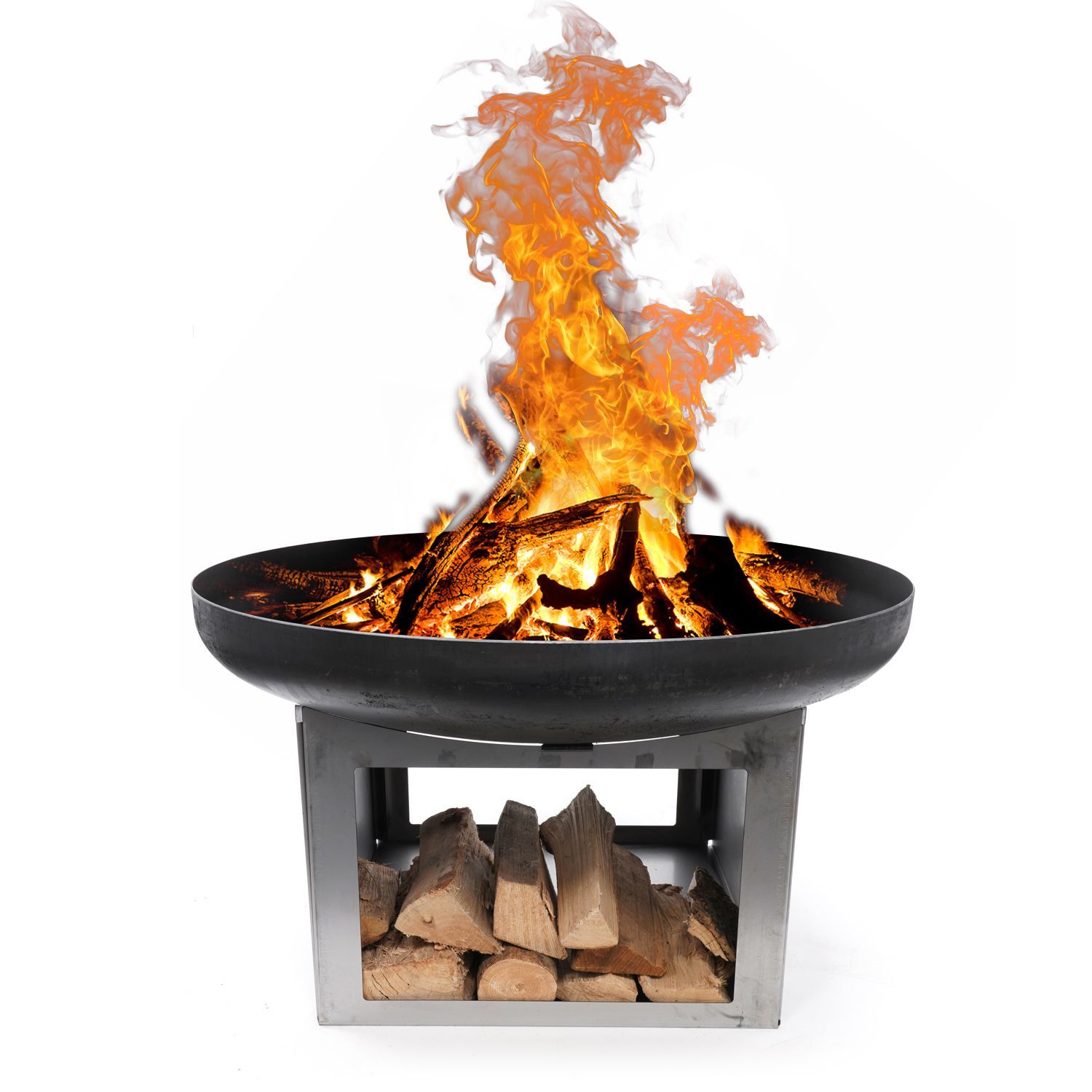 HEAT Fresvik 80cm fire bowl with fire, on a base filled with logs