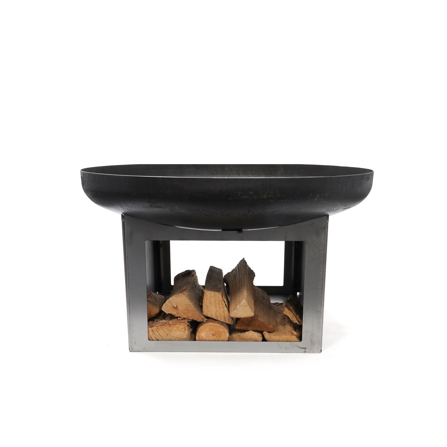 HEAT Fresvik fire bowl on its steel base with stored logs, side view