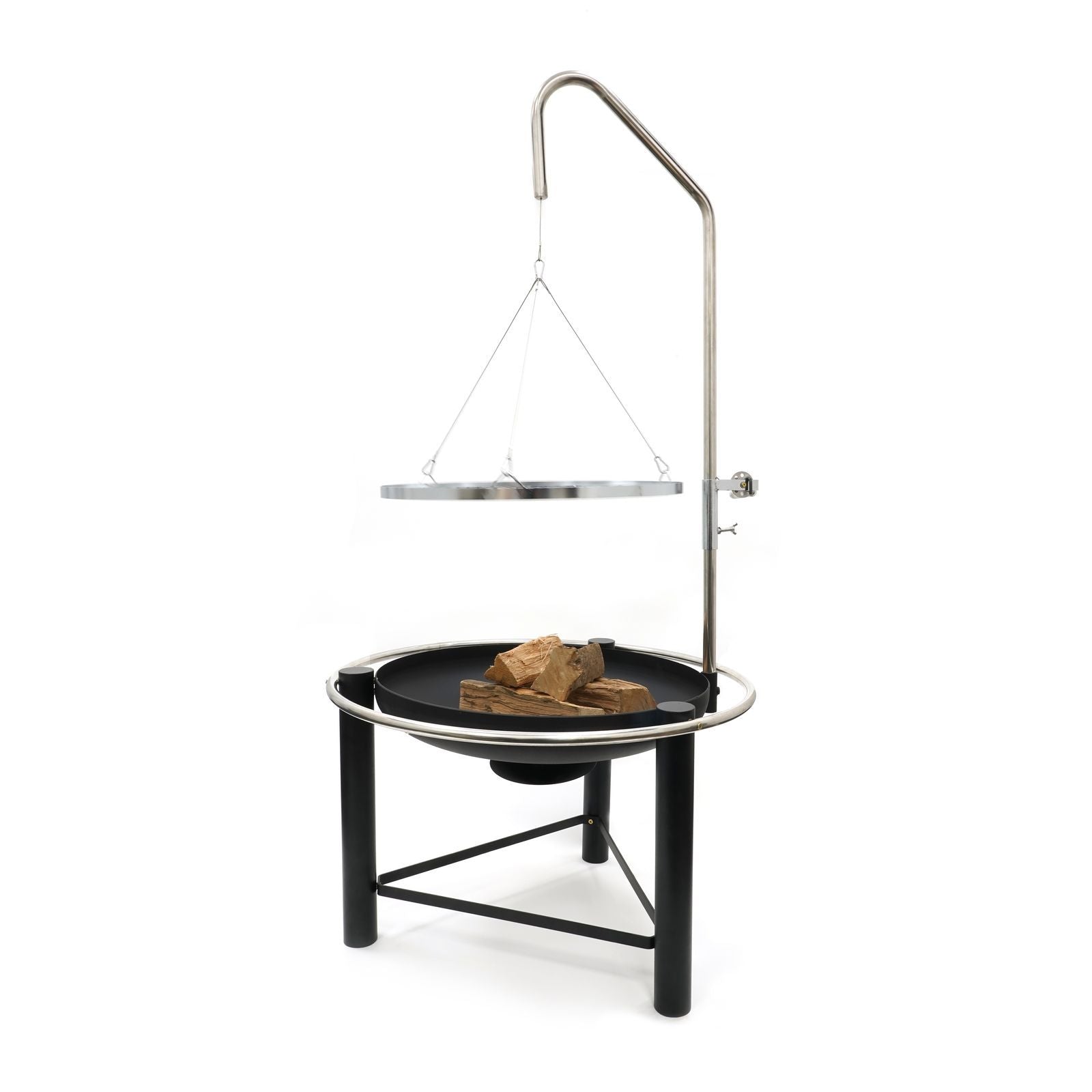 HEAT Pendal fire bowl with pulley grill on a tripod arm, on a white background