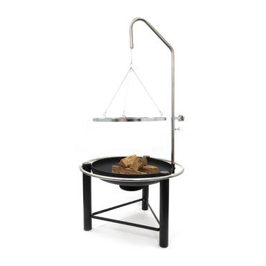 HEAT Pendal fire bowl with pulley grill on a tripod arm, on a white background