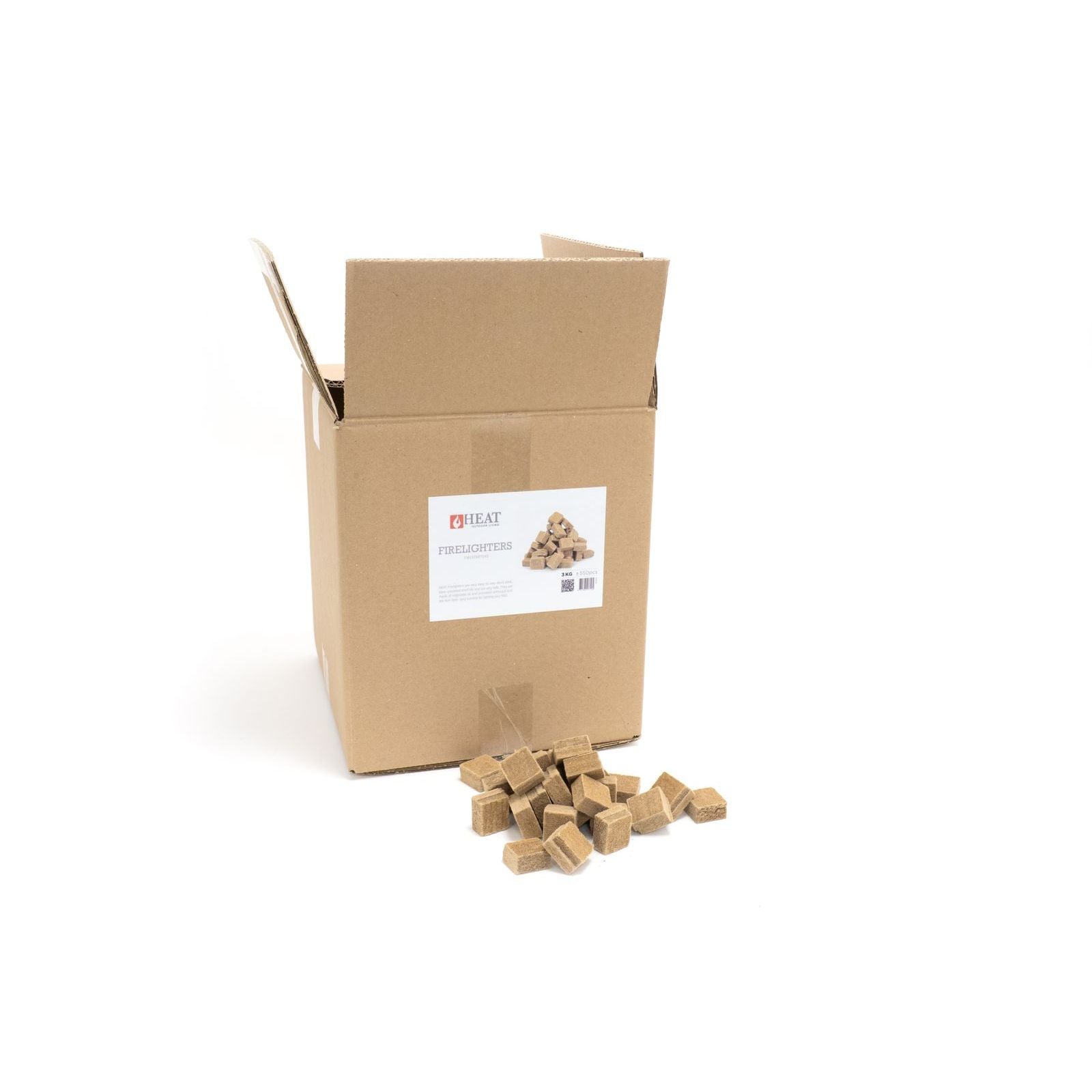 HEAT firelighters 3kg box open with cubes in front