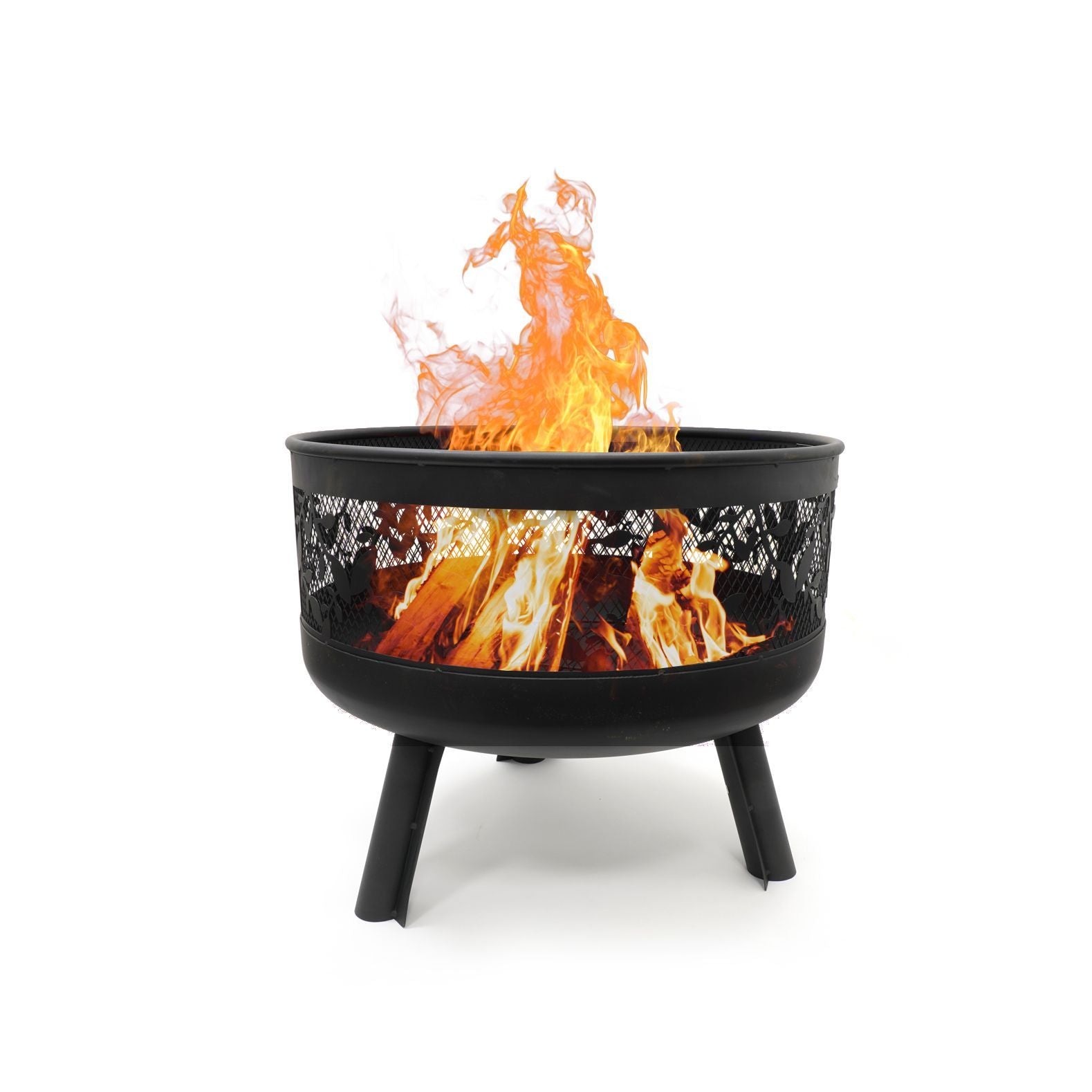 HEAT Alna fire pit with flames and leaf cut-out sides, on a white background
