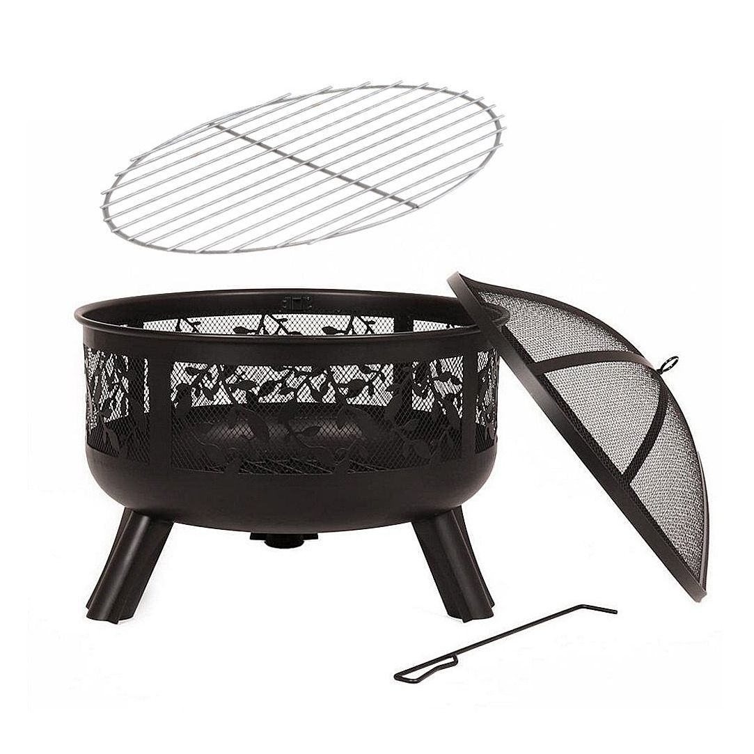 HEAT Alna fire pit with grill, spark lid and poker shown separately