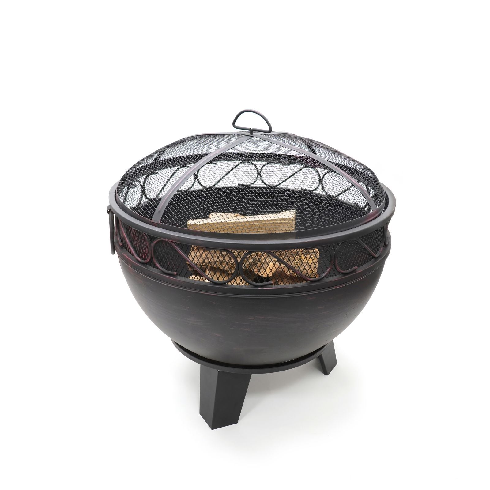 HEAT Boble round fire bowl with domed spark screen and logs, on a white background