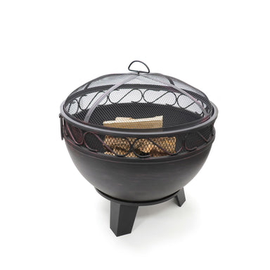 HEAT Boble round fire bowl with domed spark screen and logs, on a white background