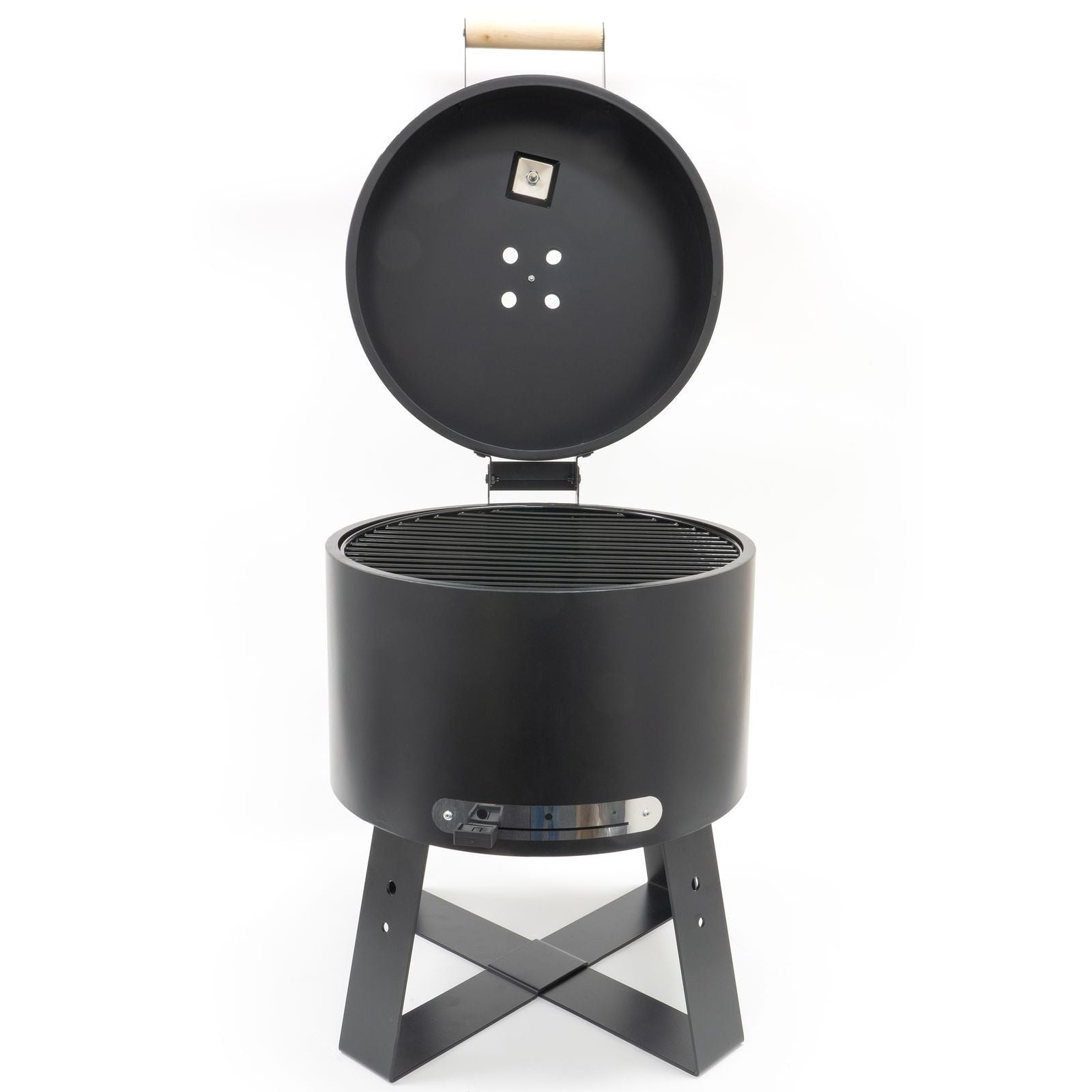 HEAT Braten charcoal BBQ with lid open, on a white background