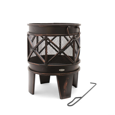 HEAT FireCask bronze effect fire barrel with poker, on a white background