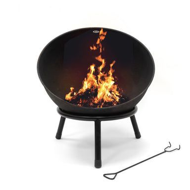 HEAT Kappa open-front fire pit in black with fire and poker