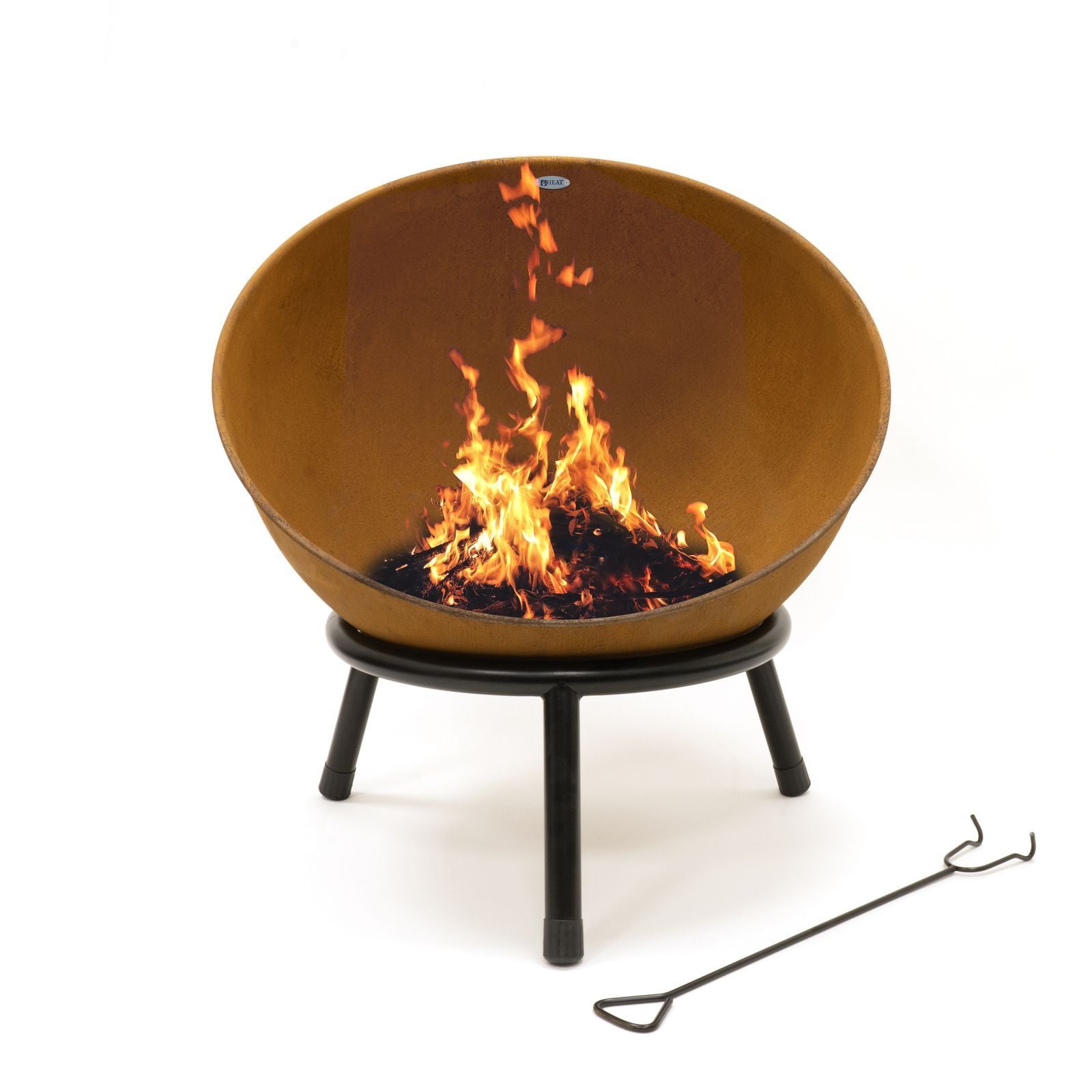 HEAT Kappa rust fire pit with a fire burning in the open bowl