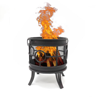 HEAT Tynset steel fire basket with a tall fire burning, on a white background