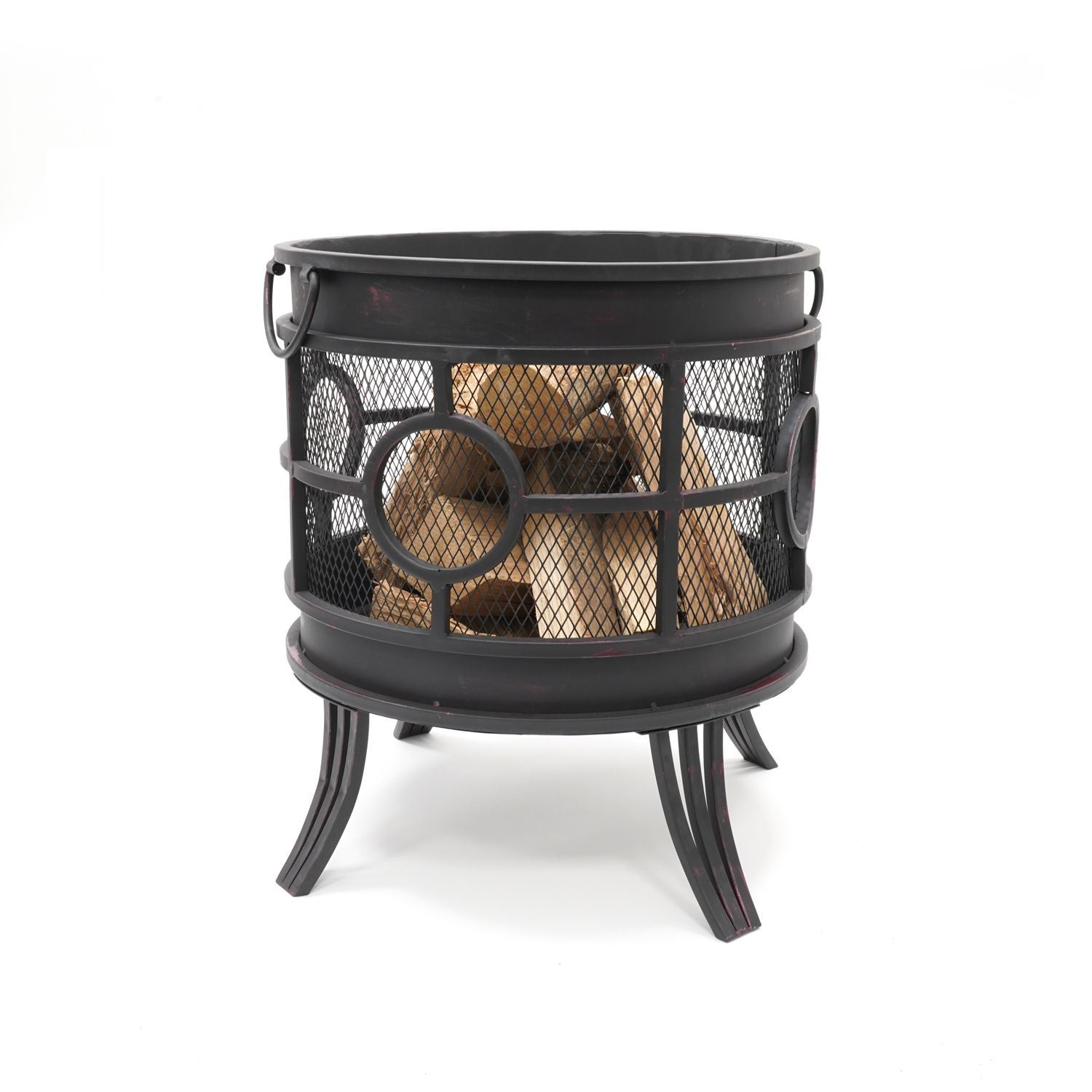 HEAT Tynset fire basket filled with logs, front view