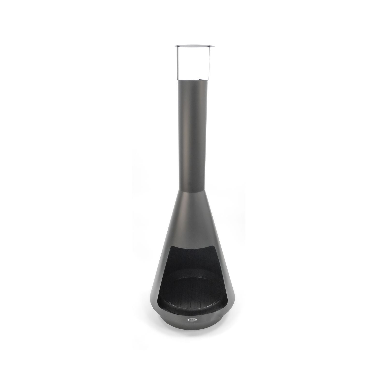 HEAT La Luz black steel chiminea with rain hood, on a white background