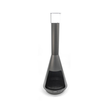 HEAT La Luz black steel chiminea with rain hood, on a white background