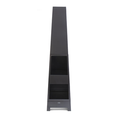 HEAT Oslo slim black steel outdoor fireplace with log store, on a white background