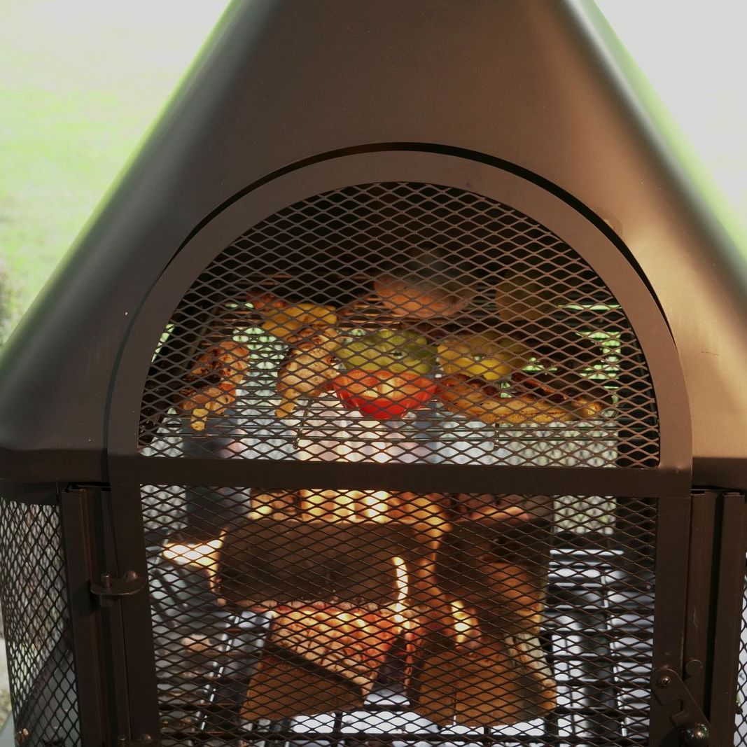 Close view of meat and vegetables on the HEAT Saga grill above the flames
