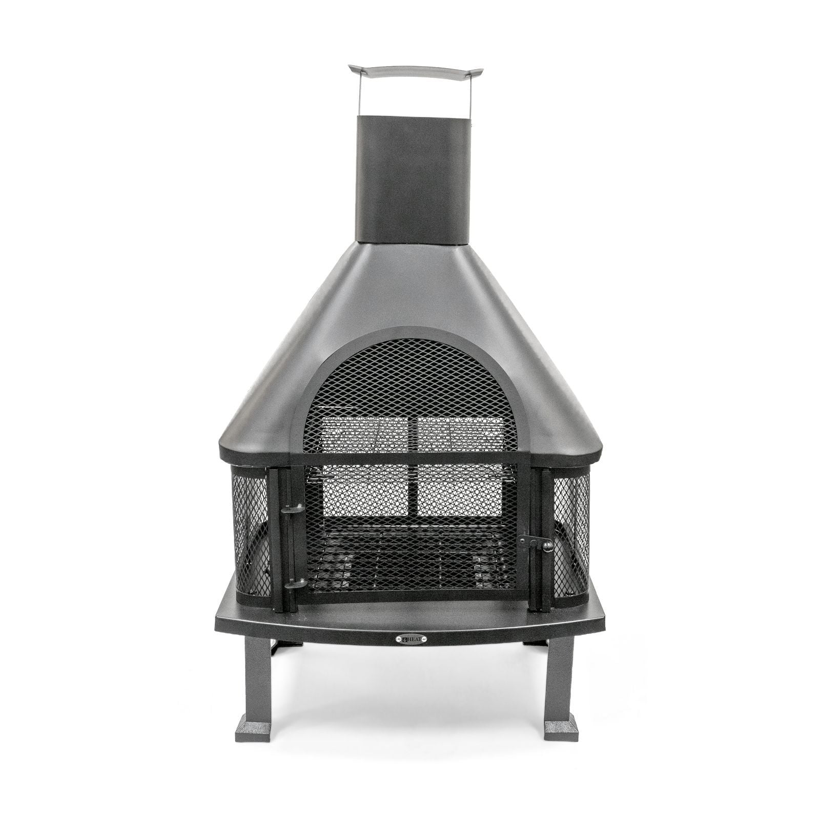 HEAT Saga steel garden chiminea with mesh spark guard, on a white background