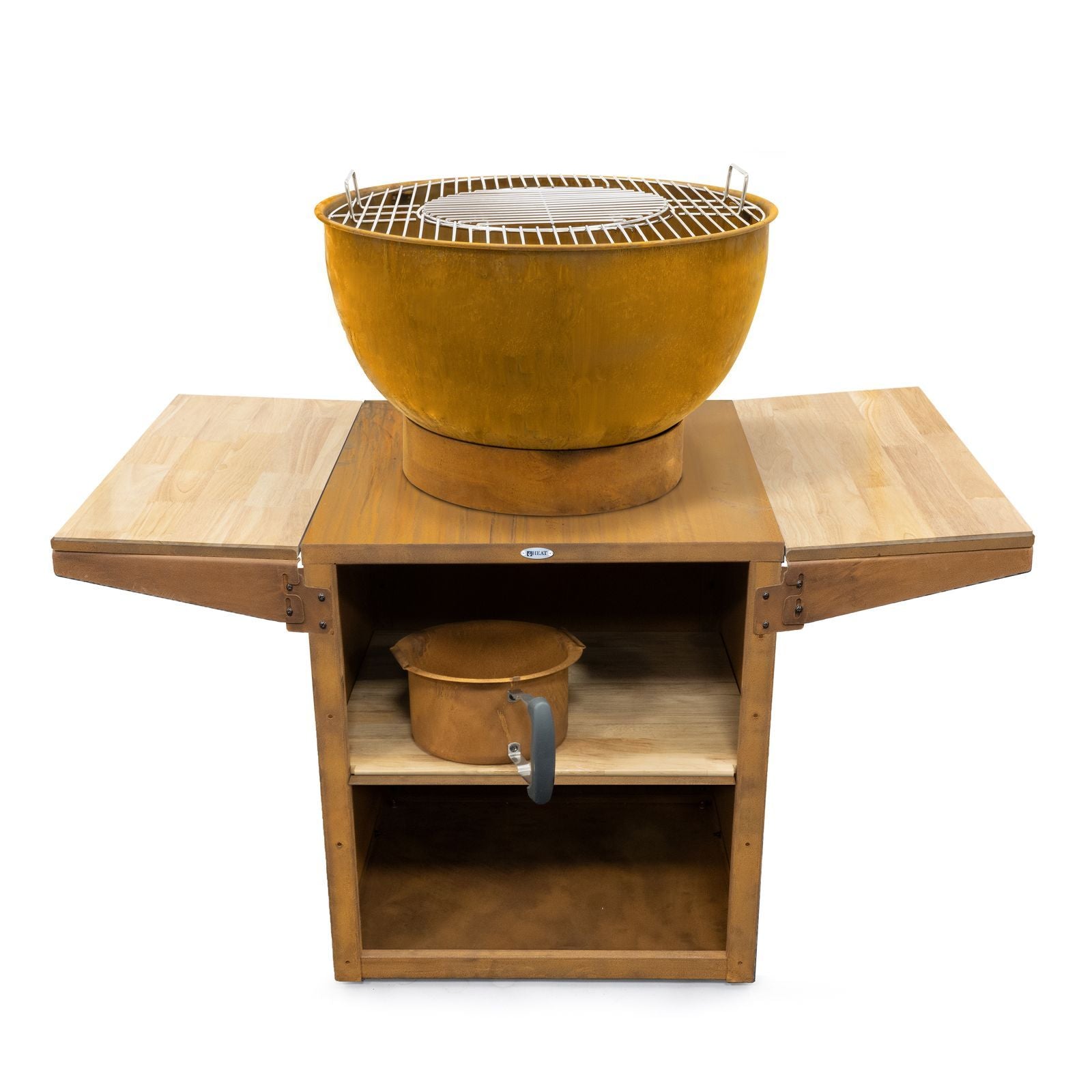 HEAT Kjok outdoor kitchen in rust with grill, fold-out benches and storage