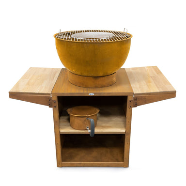 HEAT Kjok outdoor kitchen in rust with grill, fold-out benches and storage