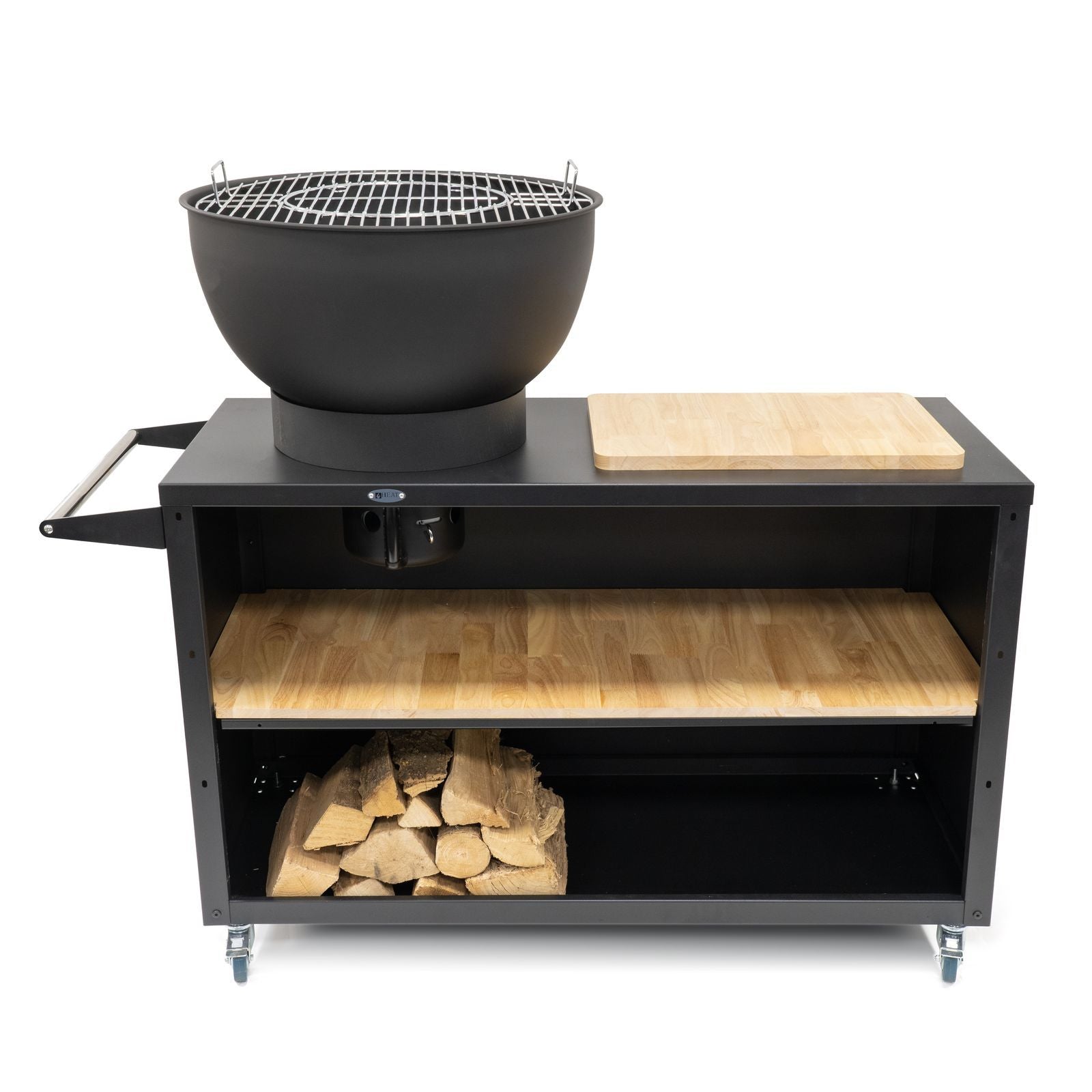 HEAT Trolle black kitchen unit with grill on the fire bowl and chopping board