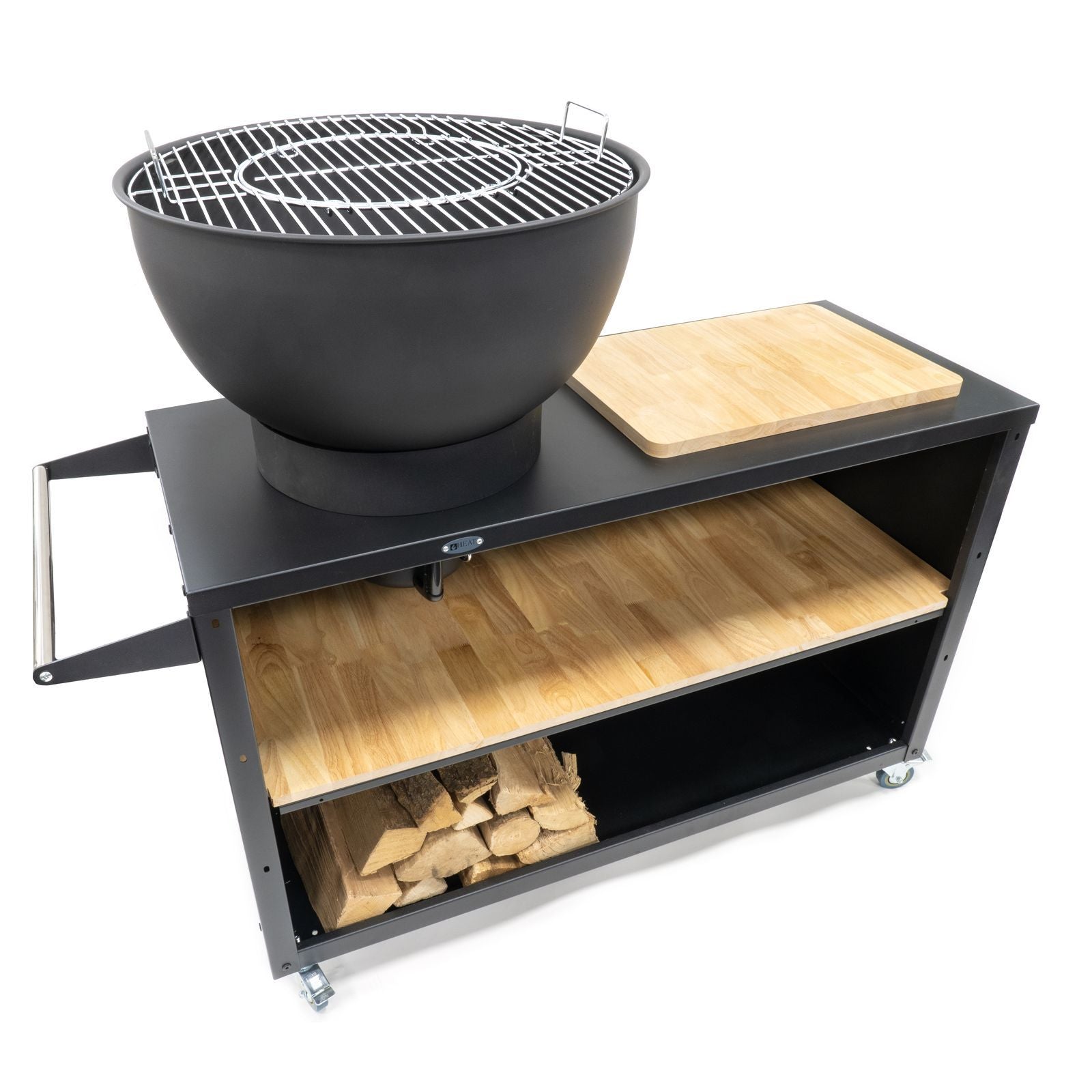 HEAT Trolle black kitchen unit with grill, angled view showing wheels