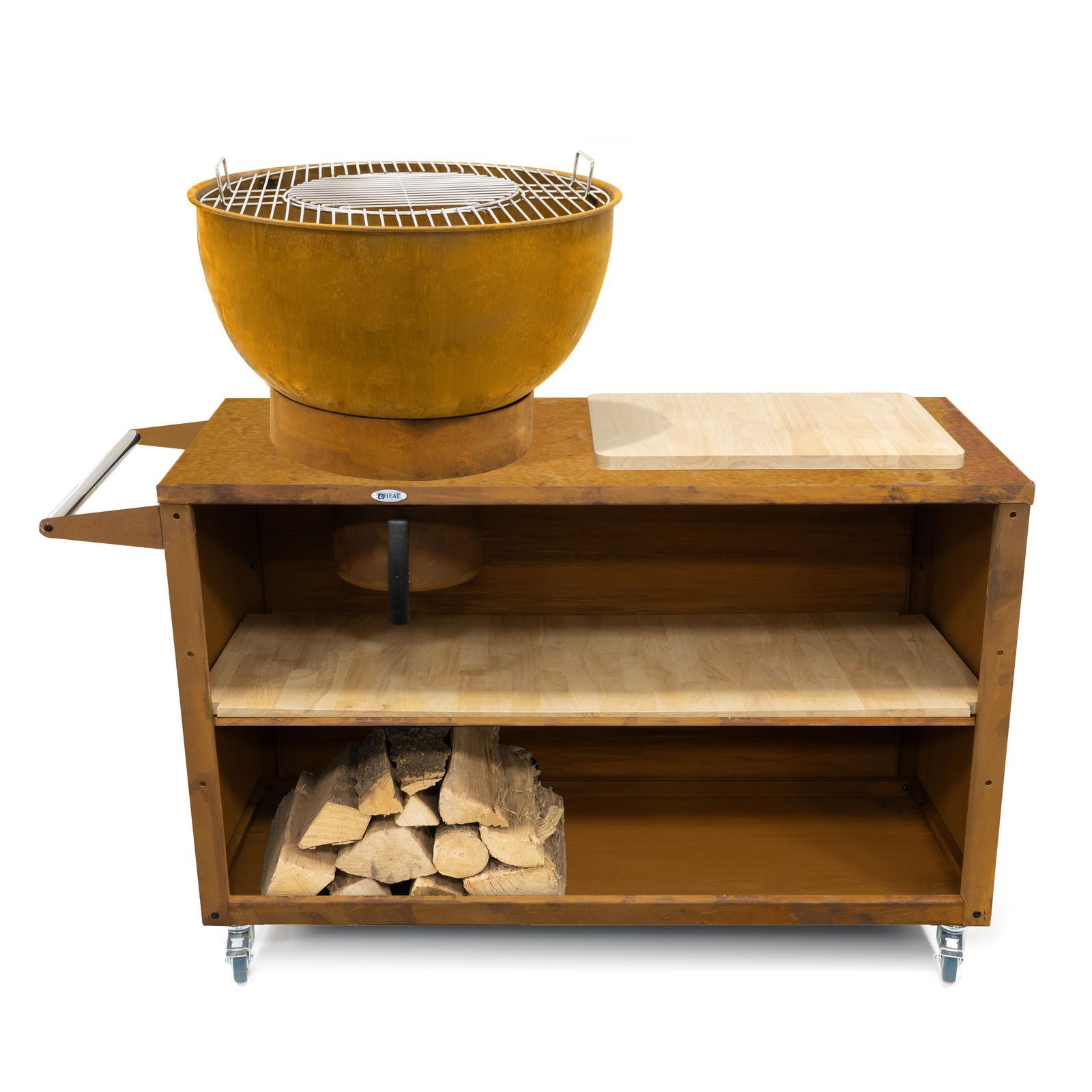 HEAT Trolle rust outdoor kitchen unit with grill, board and log shelf